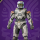 A spartan wearing the willow tea armor coating stands against a purple background in Halo Infinite.